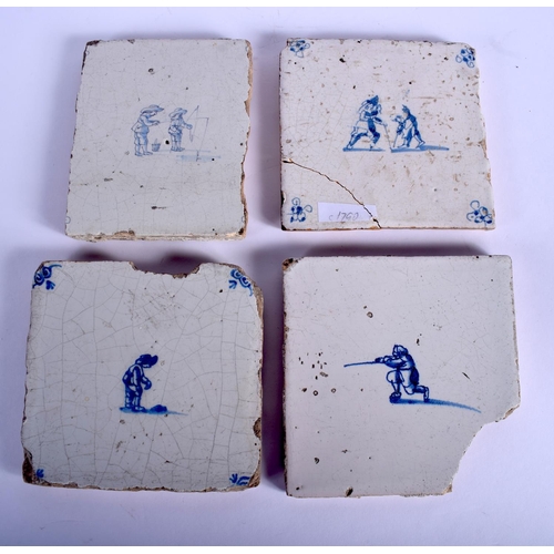 150 - FOUR 18TH CENTURY DUTCH DELFT BLUE AND WHITE TILES. 13.5 cm square. (4)