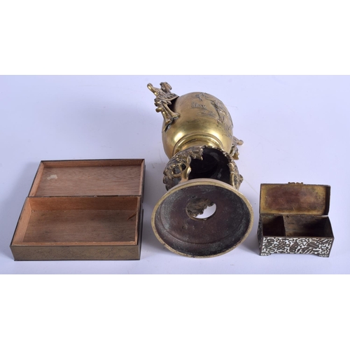 1519 - AN EARLY 20TH CENTURY CHINESE BRASS BOX AND COVER inset with a jade plaque, together with another bo... 