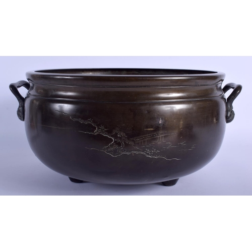 1554 - A LARGE 19TH CENTURY JAPANESE MEIJI PERIOD SILVER INLAID CENSER decorated with landscapes. 40 cm x 2... 