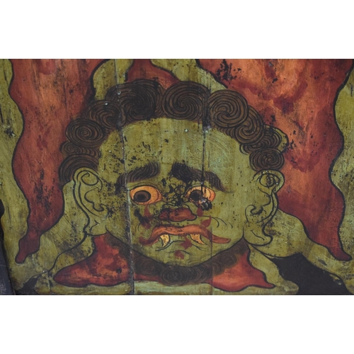 1555 - A LOVELY 18TH/19TH CENTURY TIBETAN PAINTED WOOD TORGAM decorated all over with Buddhistic figures in... 