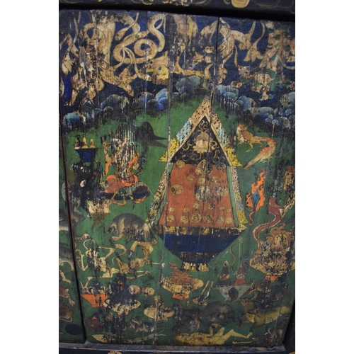 1555 - A LOVELY 18TH/19TH CENTURY TIBETAN PAINTED WOOD TORGAM decorated all over with Buddhistic figures in... 