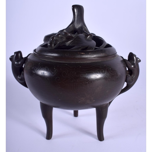 1578 - A 19TH CENTURY JAPANESE MEIJI PERIOD BRONZE CENSER AND COVER silver inlaid with motifs. 15 cm x 15 c... 