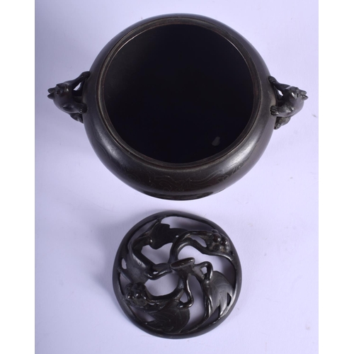 1578 - A 19TH CENTURY JAPANESE MEIJI PERIOD BRONZE CENSER AND COVER silver inlaid with motifs. 15 cm x 15 c... 