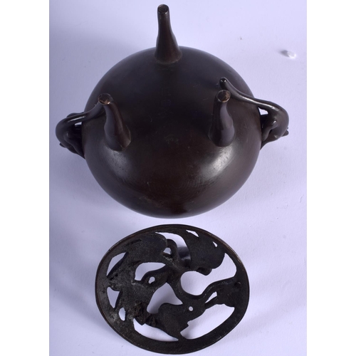 1578 - A 19TH CENTURY JAPANESE MEIJI PERIOD BRONZE CENSER AND COVER silver inlaid with motifs. 15 cm x 15 c... 