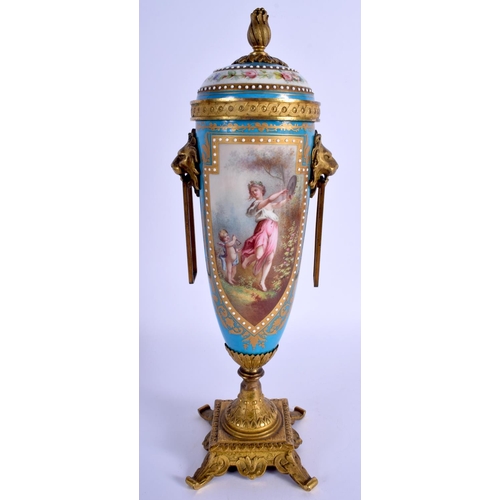 159 - A 19TH CENTURY SEVRES PORCELAIN VASE AND COVER painted with figures, mounted in bronze. 32 cm high.