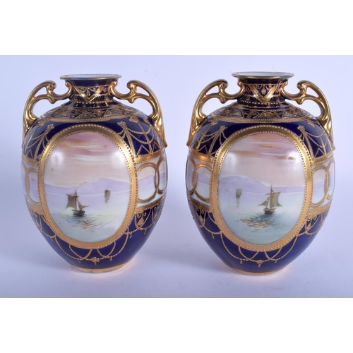 160 - A PAIR OF JAPANESE NORITAKE PORCELAIN VASES painted with boats at sea. 16.5 cm high.