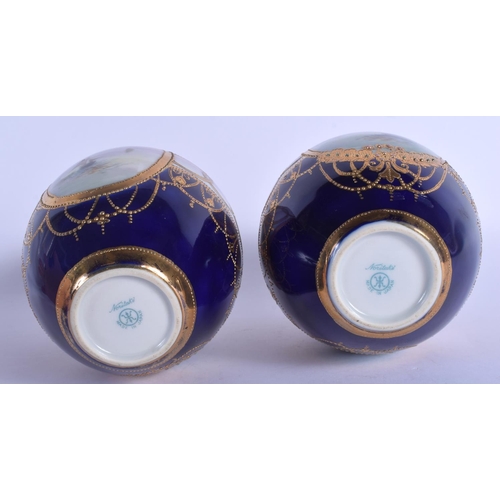 160 - A PAIR OF JAPANESE NORITAKE PORCELAIN VASES painted with boats at sea. 16.5 cm high.