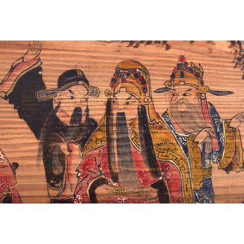 1600 - A CHINESE REPUBLICAN PERIOD PAINTED SOFTWOOD PANEL depicting scholars within landscapes. 102 cm x 44... 