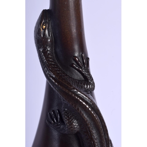 1605 - A LOVELY 19TH CENTURY JAPANESE MEIJI PERIOD BRONZE VASE overlaid with a roaming lizard pursuing a sp... 