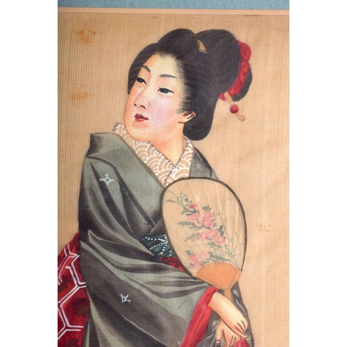 1607 - A 19TH CENTURY JAPANESE MEIJI PERIOD PAINTED WATERCOLOUR depicting a standing geisha. Image 24 cm x ... 