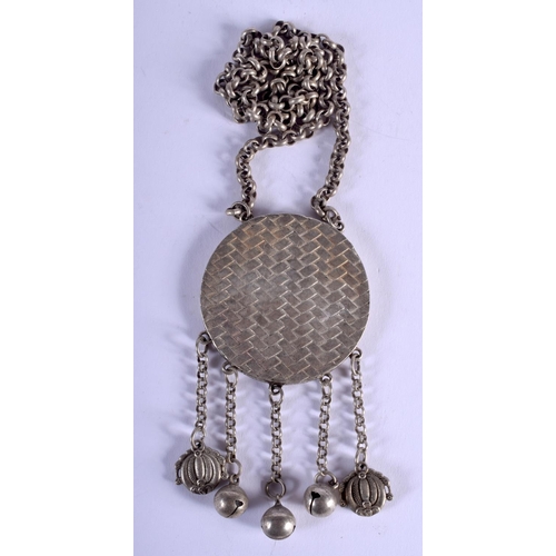 1609 - A CHINESE WHITE METAL HANGING PENDANT 20th Century. 5.5 cm diameter.