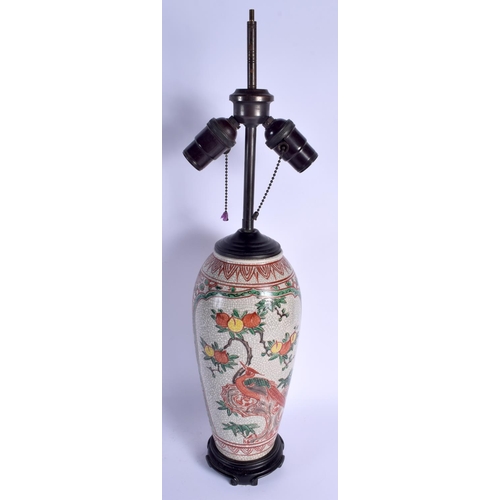 1646 - A 19TH CENTURY CHINESE CRACKLE GLAZED WUCAI VASE Late Qing, converted to a lamp. Vase 25.5 cm high.