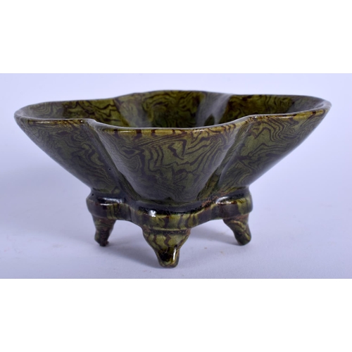 1648 - A CHINESE MARBLED LOBED POTTERY CENSER 20th Century. 10 cm x 8 cm.