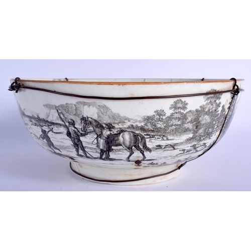 175 - A VERY RARE 18TH CENTURY WORCESTER BLACK AND WHITE PRINTED BOWL decorated with horses and landscapes... 