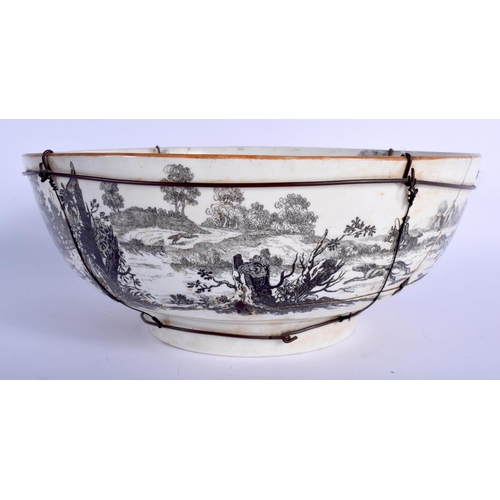 175 - A VERY RARE 18TH CENTURY WORCESTER BLACK AND WHITE PRINTED BOWL decorated with horses and landscapes... 