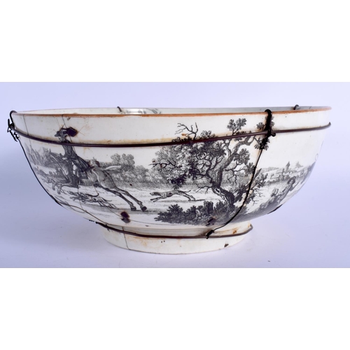 175 - A VERY RARE 18TH CENTURY WORCESTER BLACK AND WHITE PRINTED BOWL decorated with horses and landscapes... 