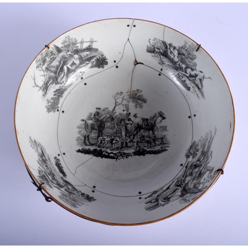 175 - A VERY RARE 18TH CENTURY WORCESTER BLACK AND WHITE PRINTED BOWL decorated with horses and landscapes... 