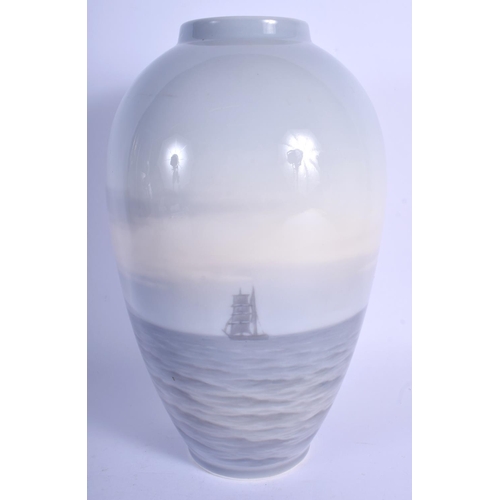 182 - A LARGE ROYAL COPENHAGEN PORCELAIN VASE painted with boating views. 27 cm high.