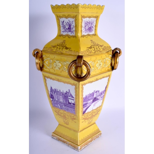 183 - A LARGE EARLY 20TH CENTURY FRENCH PORCELAIN VASE probably Paris, painted with puce views. 46 cm high... 