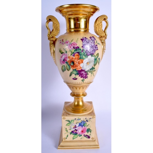 195 - Paris porcelain large vase painted with flowers. 37.5cm high.