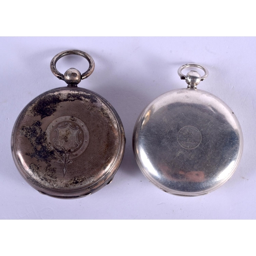 2021 - TWO ANTIQUE SILVER POCKET WATCHES. 4.5 cm diameter. (2)