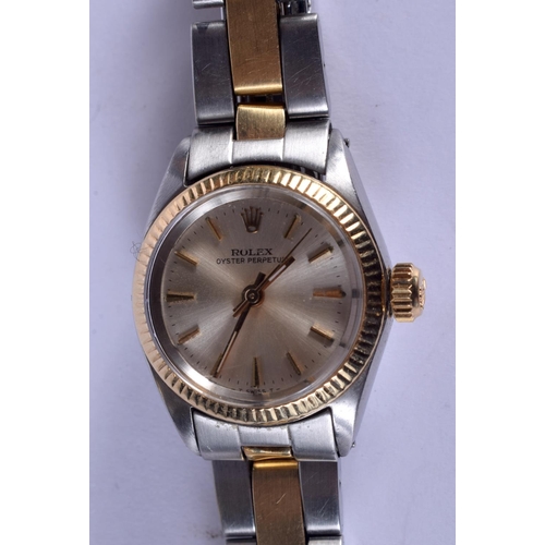 2024 - A LADIES ROLEX TWO TONE OYSTER WRISTWATCH. 2 cm diameter.