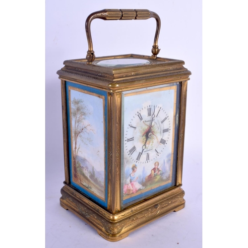 2025 - A 19TH CENTURY FRENCH SEVRES PORCELAIN BRASS CARRIAGE CLOCK painted with lovers within landscapes. 1... 