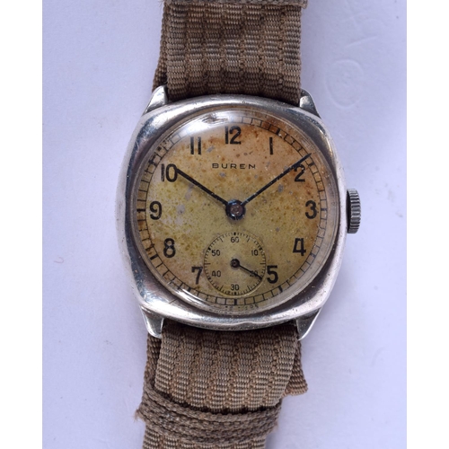 2035 - A 1940S BUREN MILITARY WRISTWATCH with stainless steel case. 2.75 cm wide.