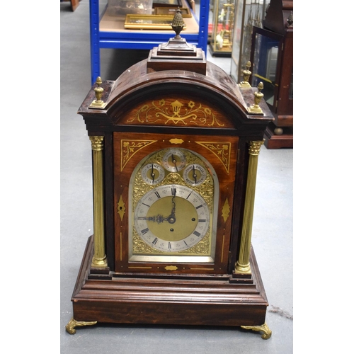 2036 - A VERY LARGE 19TH CENTURY ROSEWOOD AND MAHOGANY BRACKET CLOCK decorated with Boulle style inlay. 78 ... 