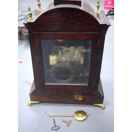 2036 - A VERY LARGE 19TH CENTURY ROSEWOOD AND MAHOGANY BRACKET CLOCK decorated with Boulle style inlay. 78 ... 