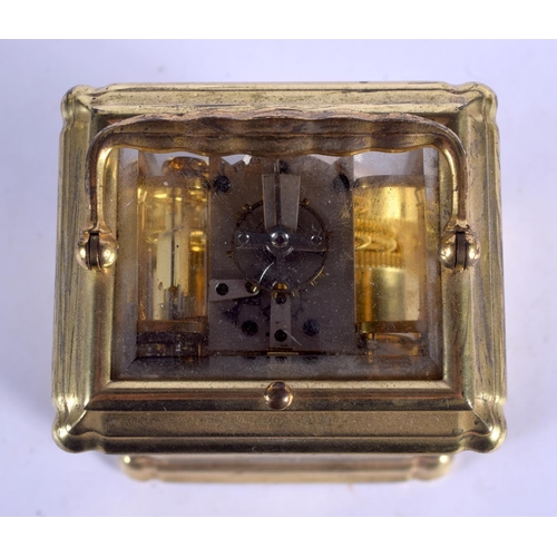 2041 - A SMALL 19TH CENTURY FRENCH BRASS REPEATING CARRIAGE CLOCK with white enamel dial. 13.5 cm inc handl... 