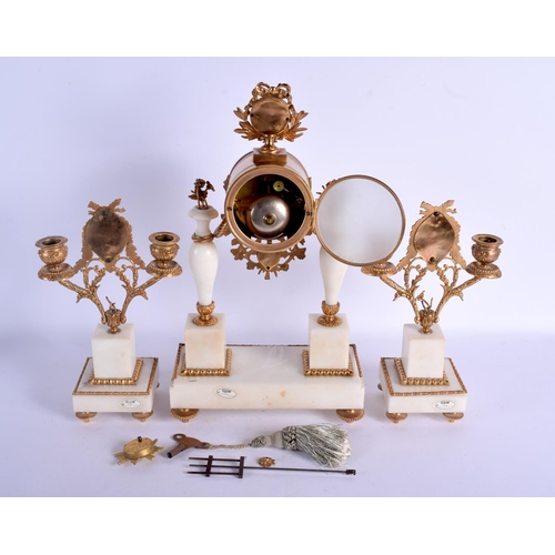 2055 - A LATE 19TH CENTURY FRENCH MARBLE AND BRASS CLOCK GARNITURE inset with Wedgwood medallions. Mantel 4... 