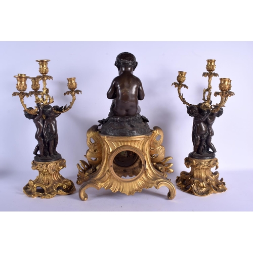 2056 - A LARGE 19TH CENTURY FRENCH BRONZE AND ORMOLU CLOCK GARNITURE formed as a putti playing pipes. Mante... 