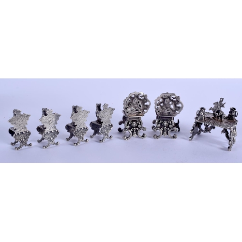 2128 - A SET OF SEVEN 19TH CENTURY CONTINENTAL SILVER CAT & DOG FURNITURE. (7)