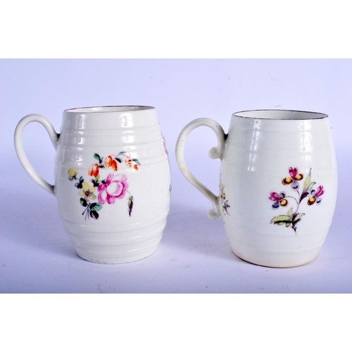 214 - Derby good mug of barrel shape painted with a large rose centred floral spray and another earlier ex... 