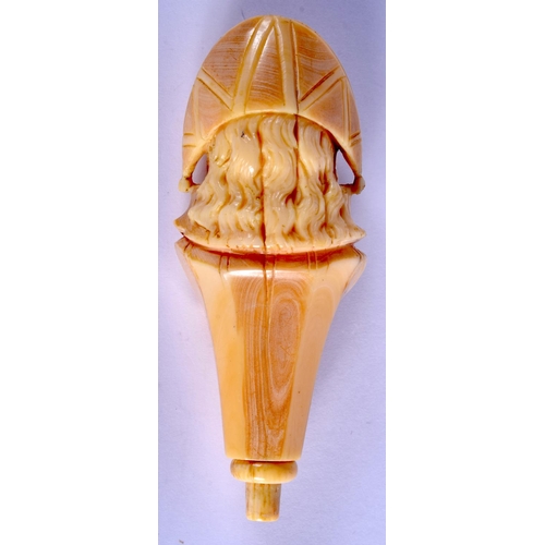 2145 - A 19TH CENTURY FRENCH CARVED IVORY CANE HANDLE modelled as a female wearing a hat. 10 cm x 3.5 cm.