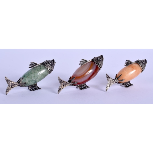 2151 - THREE UNUSUAL 1950S CONTINENTAL SILVER AND HARDSTONE FISH. 7 cm x 3 cm. (3)