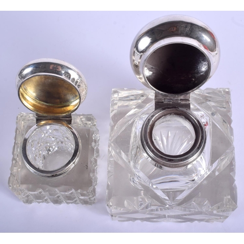 2169 - TWO ANTIQUE SILVER CRYSTAL GLASS INKWELLS. Largest 10 cm x 8 cm. (2)