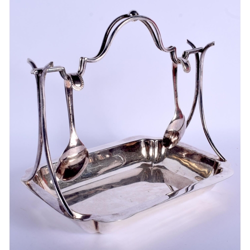 2176 - AN ART DECO SILVER PLATED SPOON HOLDER with egg pan beneath. 20 cm x 15 cm.