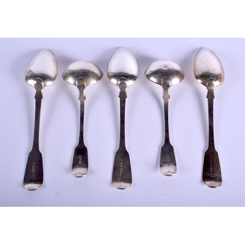 2182 - A PAIR OF ANTIQUE SILVER LADLES together with three silver spoons. 586 grams. (qty)