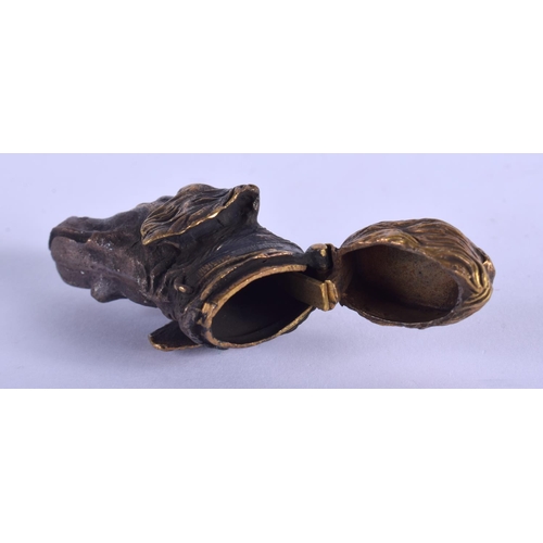 2196 - A BRASS DOG VESTA CASE. 4.5 cm wide