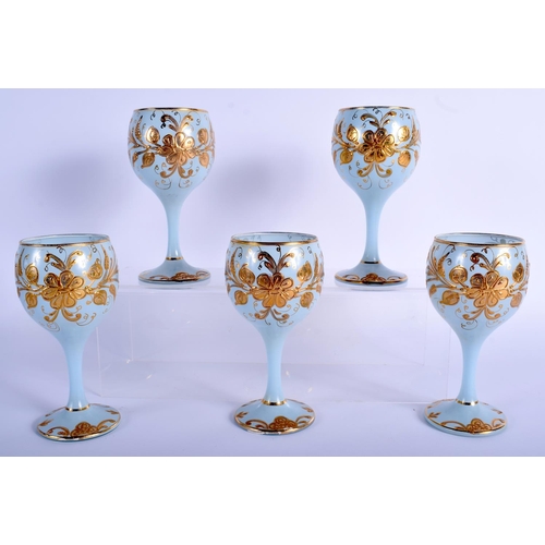 22 - FIVE UNUSUAL VINTAGE MIDDLE EASTERN BLUE GOBLETS decorated with portraits. 14.5 cm high.