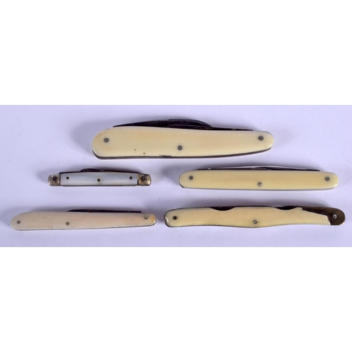 2218 - FOUR ANTIQUE IVORY CASED KNIVES together with a smaller knife. (5)