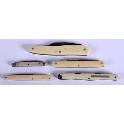 2218 - FOUR ANTIQUE IVORY CASED KNIVES together with a smaller knife. (5)