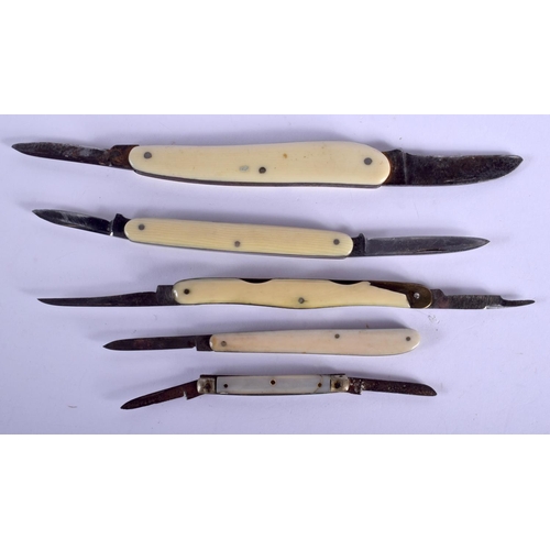 2218 - FOUR ANTIQUE IVORY CASED KNIVES together with a smaller knife. (5)