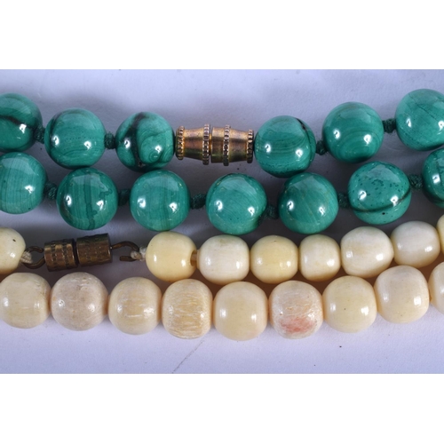 2222 - A 19TH CENTURY EUROPEAN CARVED IVORY BANGLE together with a similar necklace & a malachite necklace.... 