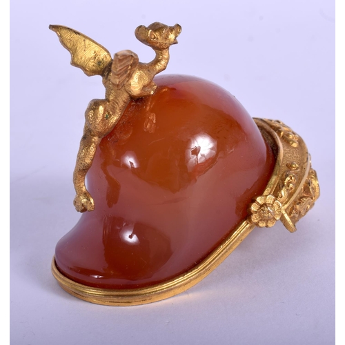 2231 - A FINE 19TH CENTURY ENGLISH ORMOLU AND AGATE HELMET probably a desk accessory, with dragon finial. 6... 