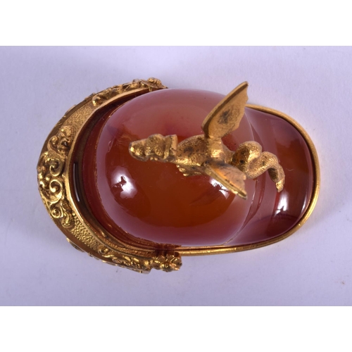 2231 - A FINE 19TH CENTURY ENGLISH ORMOLU AND AGATE HELMET probably a desk accessory, with dragon finial. 6... 