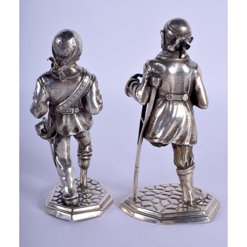 2257 - A RARE PAIR OF 19TH CENTURY CONTINENTAL SILVER FIGURES OF PIRATES. 250 grams. 14 cm high.