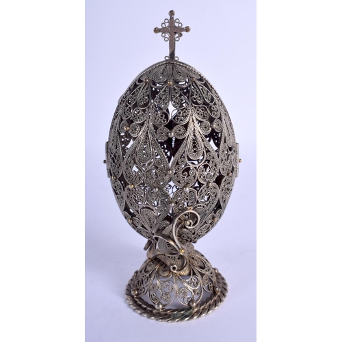 2267 - AN ANTIQUE RUSSIAN SILVER AND MALACHITE EGG. 167 grams. 15 cm high.